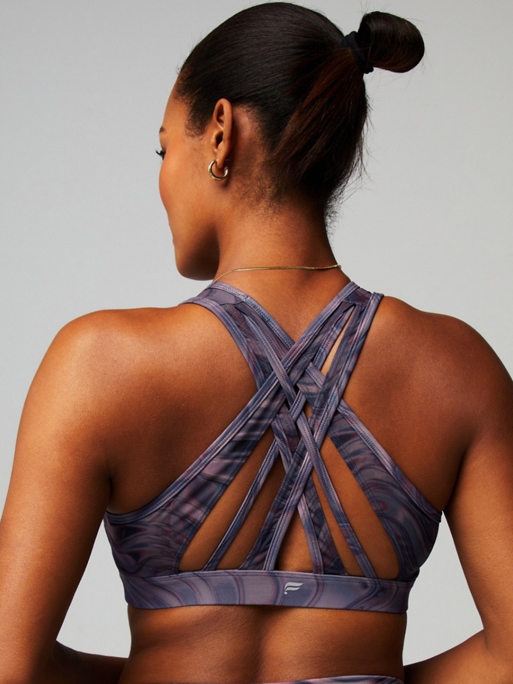 Fabletics Marble Swirl Strappy Sports Bra Brown Black Criss Cross Back XS